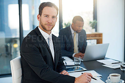 Buy stock photo Portrait, lawyers or businessman in meeting at law firm for consulting, legal advice or corporate case. Paperwork, teamwork or confident attorneys in office for schedule, documents or feedback review