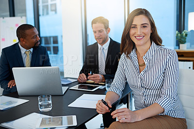 Buy stock photo Portrait, smile and business woman in office meeting for leadership, coworking and about us. Face, consultant and happy professional entrepreneur, employee and confident manager with team at work