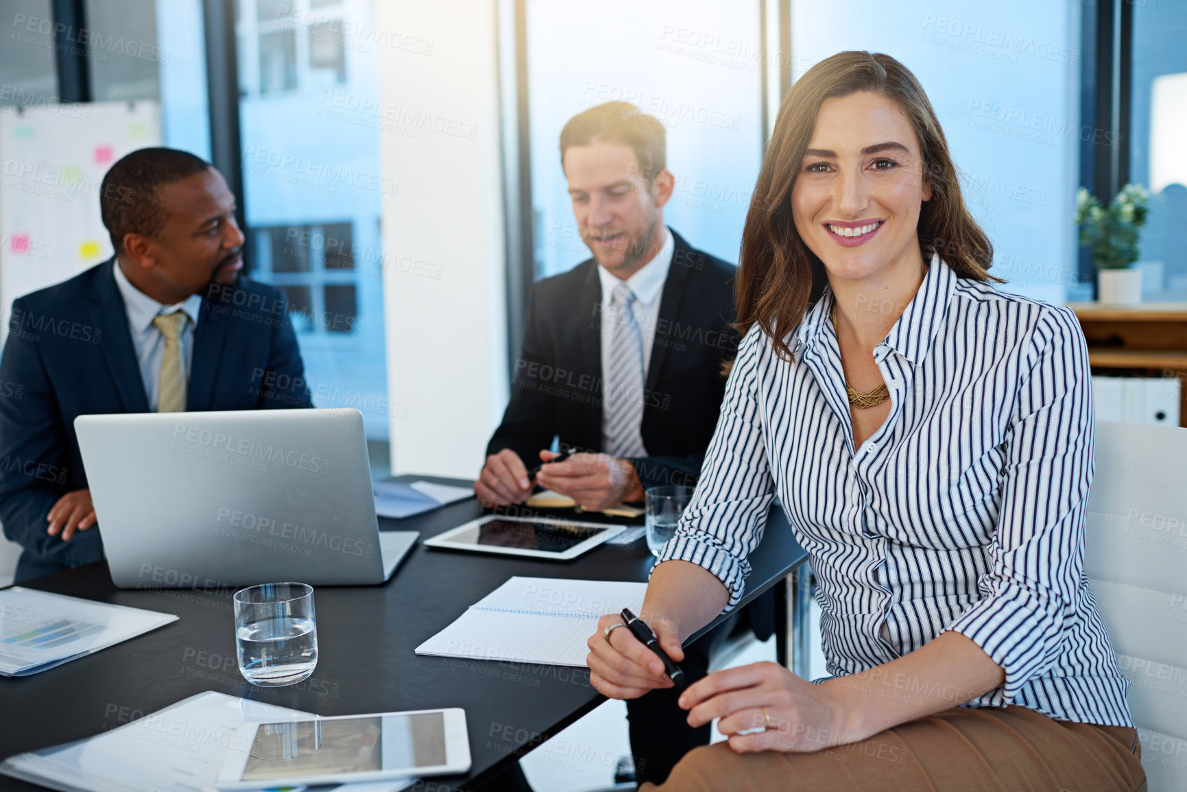 Buy stock photo Portrait, smile and business woman in office meeting for leadership, coworking and about us. Face, consultant and happy professional entrepreneur, employee and confident manager with team at work