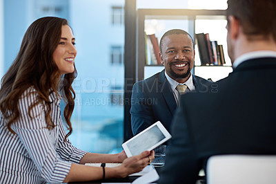 Buy stock photo Teamwork, lawyers or business people on tablet for discussion at law firm for consulting or legal advice. Meeting, collaboration and attorneys on technology for schedule update or feedback review