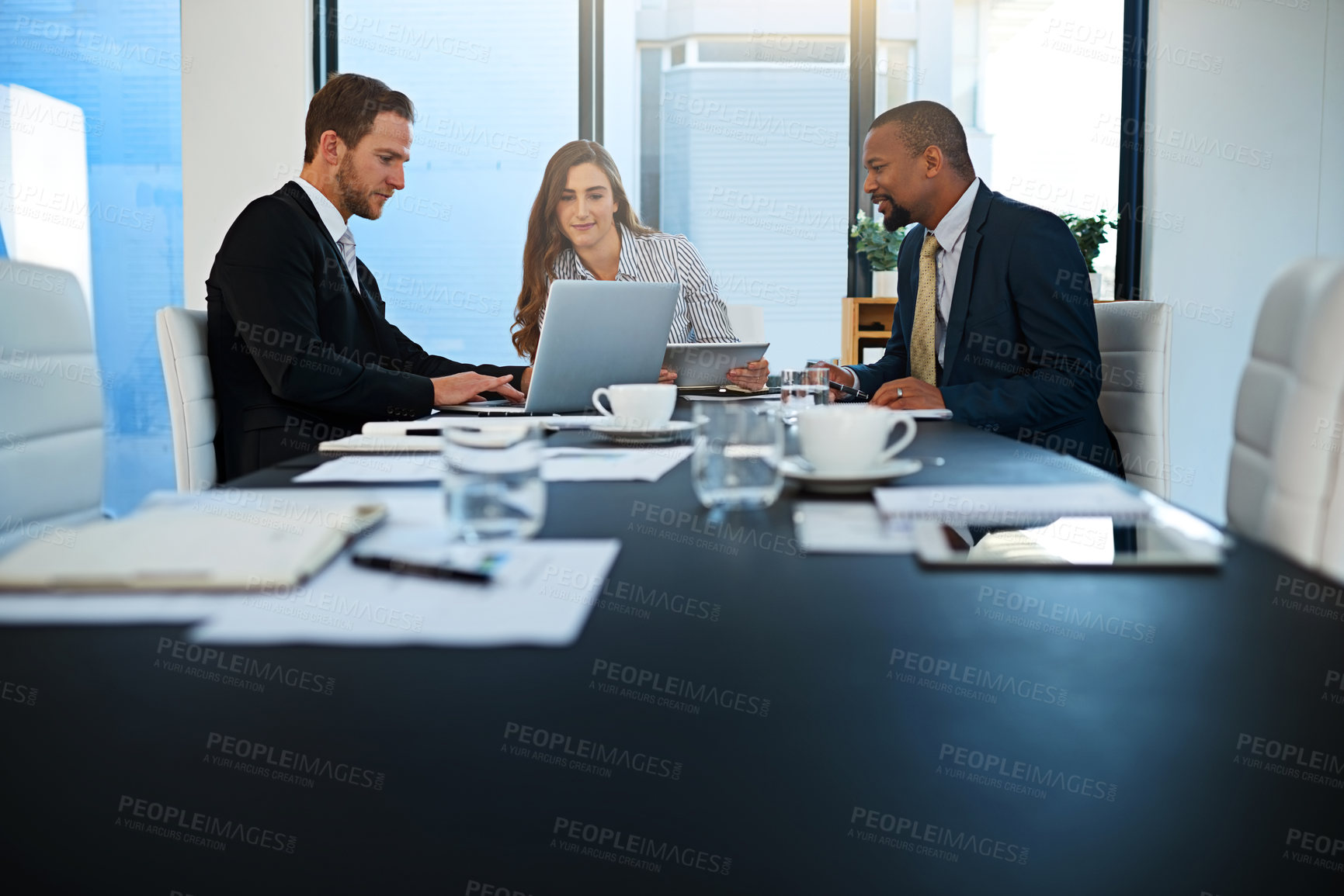 Buy stock photo Teamwork, lawyers or business people on laptop for discussion at law firm for consulting or legal advice. Technology, news info and attorneys on tablet for schedule update, meeting or feedback review