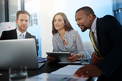 Buy stock photo Teamwork, lawyers or business people on laptop for meeting at law firm for consulting or legal advice. Technology, news info and attorneys on tablet for schedule update, internet or feedback review