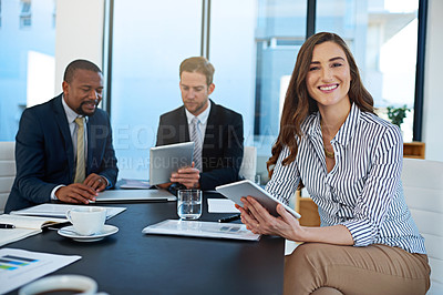 Buy stock photo Portrait, smile and business woman on tablet in office meeting for leadership, coworking and about us. Happy, financial advisor and entrepreneur on digital tech, employee and manager with work team