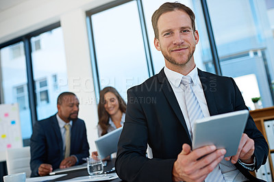 Buy stock photo Meeting, tablet and portrait of business man in office for discussion, collaboration and financial report. Corporate, professional and employee for budget planning, teamwork or online revenue