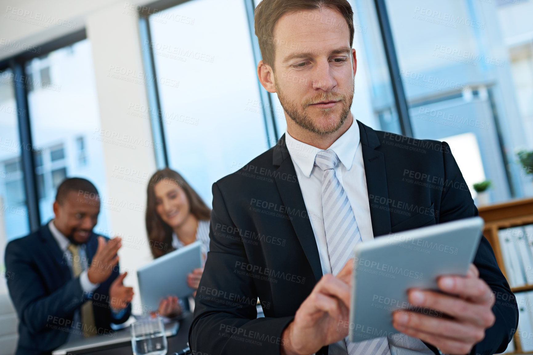 Buy stock photo Business, man and tablet in office for internet search, information and networking as broker. Entrepreneur, corporate and smile with online results or ideas for company, career and growth in meeting