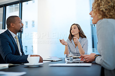 Buy stock photo Teamwork, lawyers or business people in discussion in meeting at law firm for consulting or legal advice. Collaboration, planning or attorneys talking in conversation for schedule or feedback review