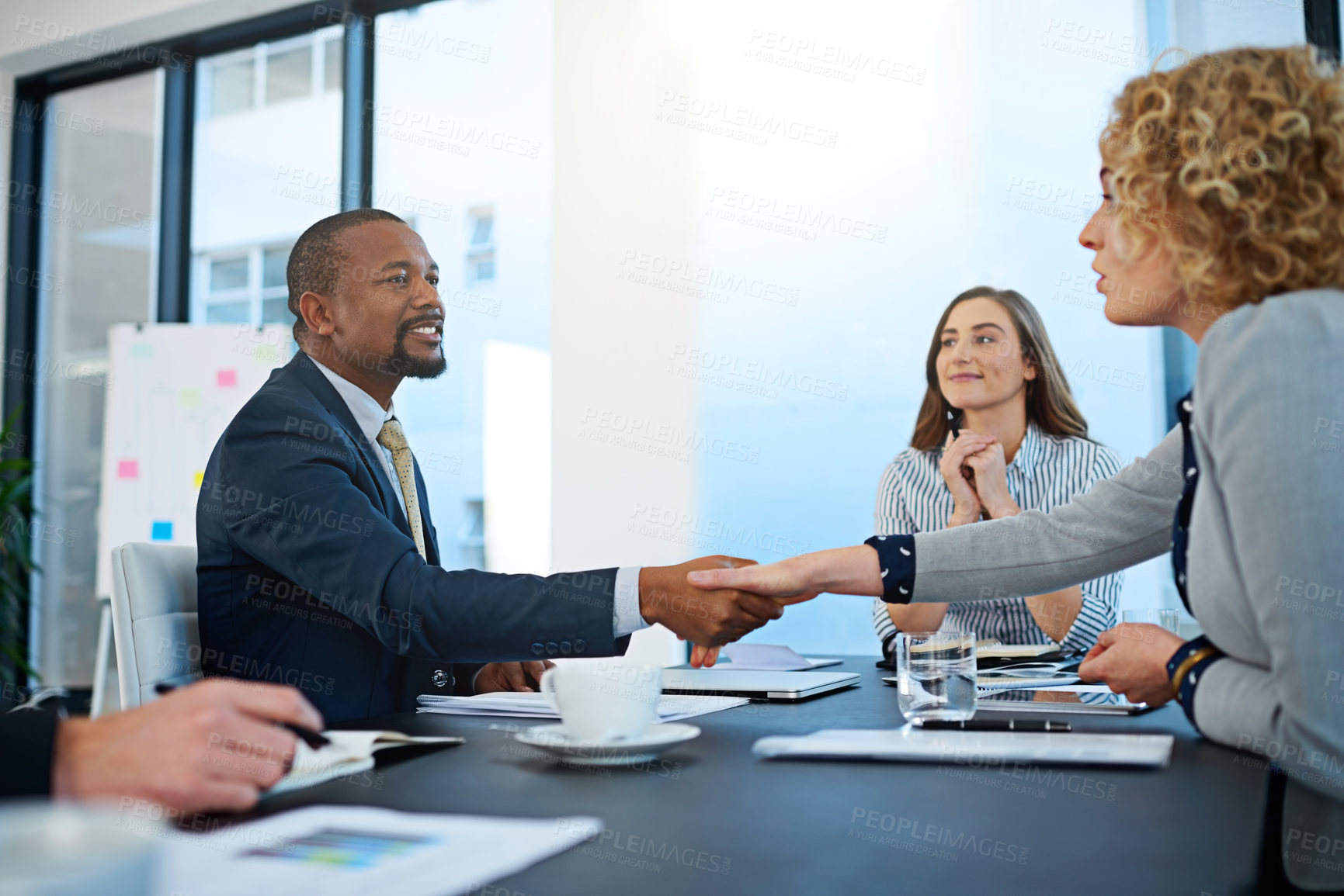 Buy stock photo Business people, lawyers or shaking hands in meeting for deal, b2b collaboration or teamwork in office. Handshake, partnership or attorneys in corporate agreement for negotiation, merger or hiring