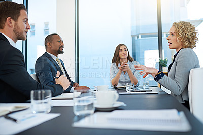 Buy stock photo Business, group and talking in boardroom for meeting at company, ideas or planning. Team, people and office with strategy or brainstorming for pitch, corporate leadership in New York City or USA