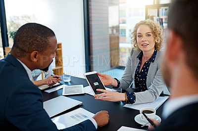 Buy stock photo Business people, boardroom and tablet for talk on training, teamwork and problem solving. Employees, speaking and office for collaboration at global business, research and meeting for online project