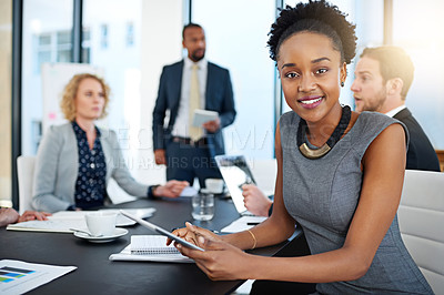 Buy stock photo Woman, lawyer and tablet in portrait at meeting for negotiation, smile and legal career. Attorney, advocate and person with digital touchscreen, case and happy in office at corporate law firm