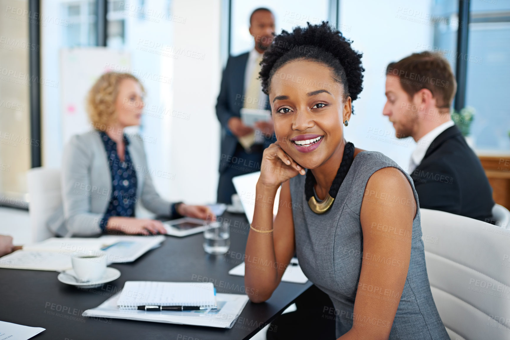 Buy stock photo Black woman, lawyer and smile in portrait at meeting for negotiation, investigation or legal career. Attorney, advocate and person with documents, contract and happy in office at corporate law firm