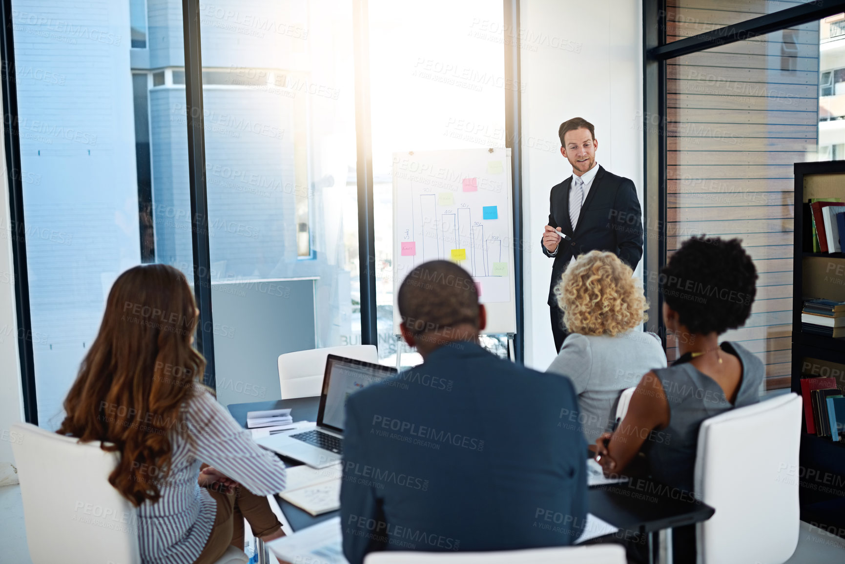 Buy stock photo Board, businessman or speaker in presentation for teaching, advice or skill development in meeting. Group, workshop or leader talking in pitch, training or coaching for learning opportunity or ideas