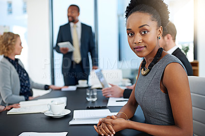 Buy stock photo Black woman, lawyer and meeting in portrait by group with negotiation, investigation and legal career. Attorney, advocate or person with digital touchscreen at corporate law firm for consultation