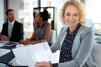 Buy stock photo Black woman, lawyer and documents in portrait by group with negotiation, investigation and legal career. Attorney, advocate or person with paperwork in office at corporate law firm for consultation