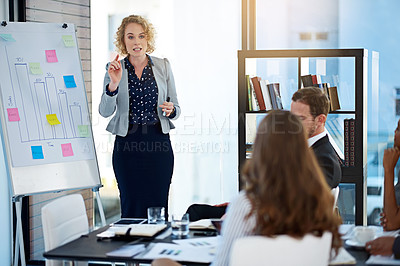Buy stock photo Board, businesswoman or entrepreneur in presentation for graphs or skill development in meeting. Teaching info, charts or speaker talking for budget, training or coaching for learning, sales or ideas