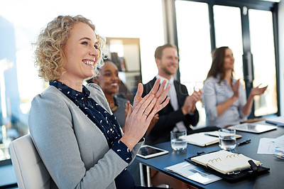 Buy stock photo Applause, presentation and business people in office for corporate finance seminar or workshop. Happy, teamwork and group of financial advisors clapping hands for conference, meeting or training.