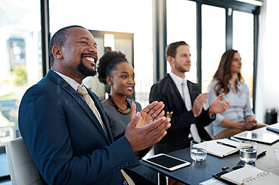 Buy stock photo Applause, conference and business people in office for corporate finance seminar or workshop. Happy, teamwork and group of financial advisors clapping hands for presentation, meeting or training.