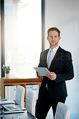 Buy stock photo Portrait, tablet and business man in suit in office, company and workplace for corporate job in Ireland. Digital, confidence and professional entrepreneur on tech, employee and broker working online