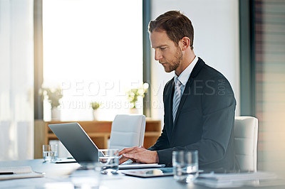 Buy stock photo Businessman, laptop and workplace for working, research and internet for online email. Broker, technology and professional office for social network, clients and company employee or manager.