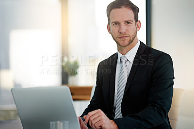 Buy stock photo Portrait, serious and business man on laptop in office for corporate job in Switzerland. Face, confidence and professional entrepreneur on computer for research, project or agent in suit for work