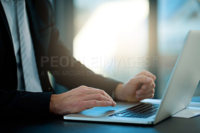 Buy stock photo Hands, laptop and office for businessman, research and internet for online email. Data broker, technology and professional workplace for social network, clients and company employee or manager