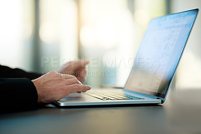 Buy stock photo Hands, laptop and office for working, research and internet for online email. Data broker, technology and professional workplace for social network person, clients and company employee or manager
