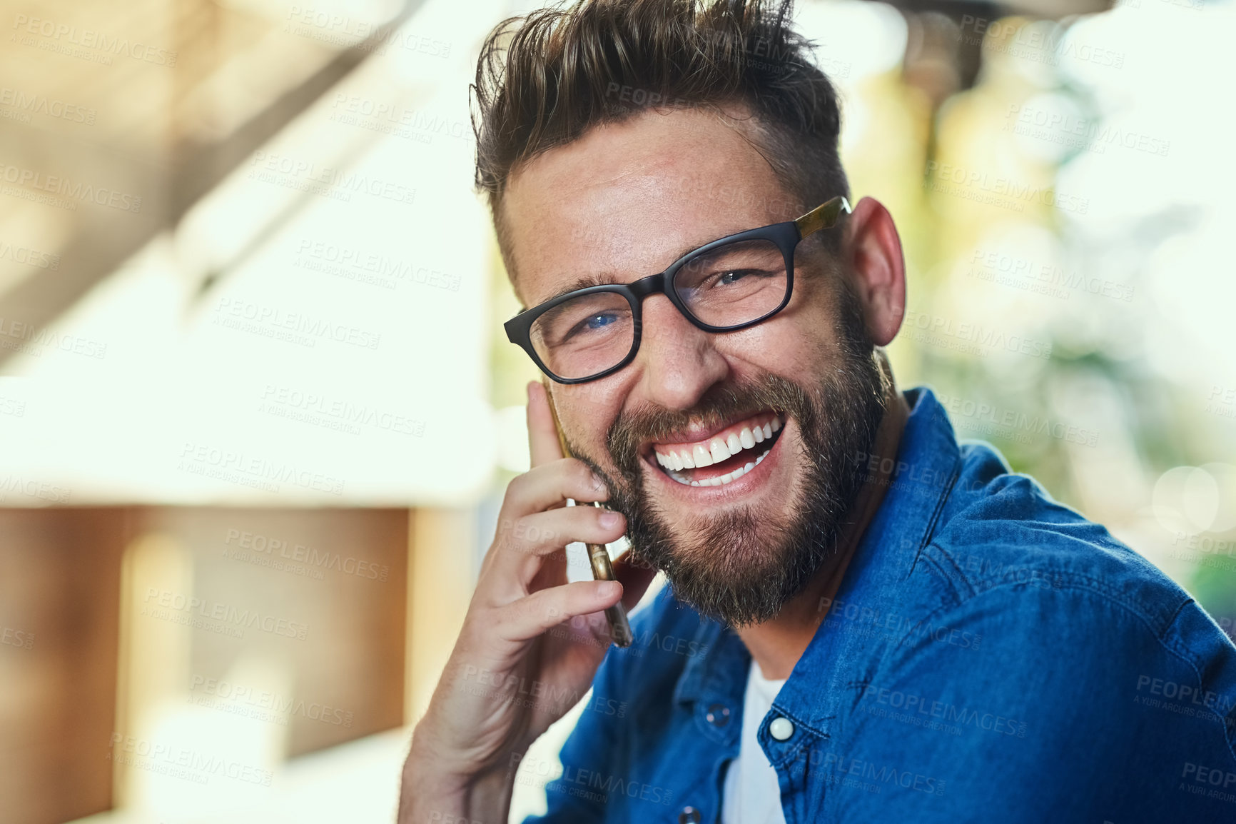 Buy stock photo Happy, news and portrait of man with phone call, announcement and listening to info with smile. Creative, entrepreneur and discussion with contact in city excited for networking and opportunity