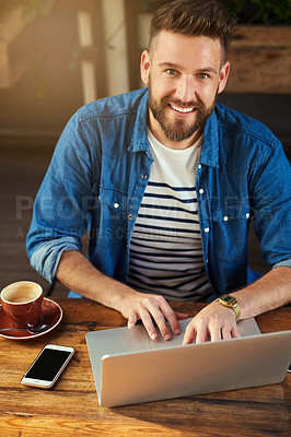 Buy stock photo Portrait, man and cafe for laptop, smile and working or freelancer, remote work and male person. Typing, email and internet connection in copywriting, online job and web research at coffee shop