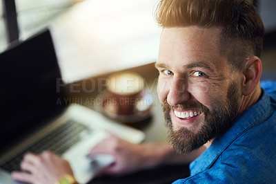 Buy stock photo Portrait, man and cafe in laptop, smile and working or freelancer, remote work and male person. Typing, email and internet connection in copywriting, online job and seo research at coffee shop