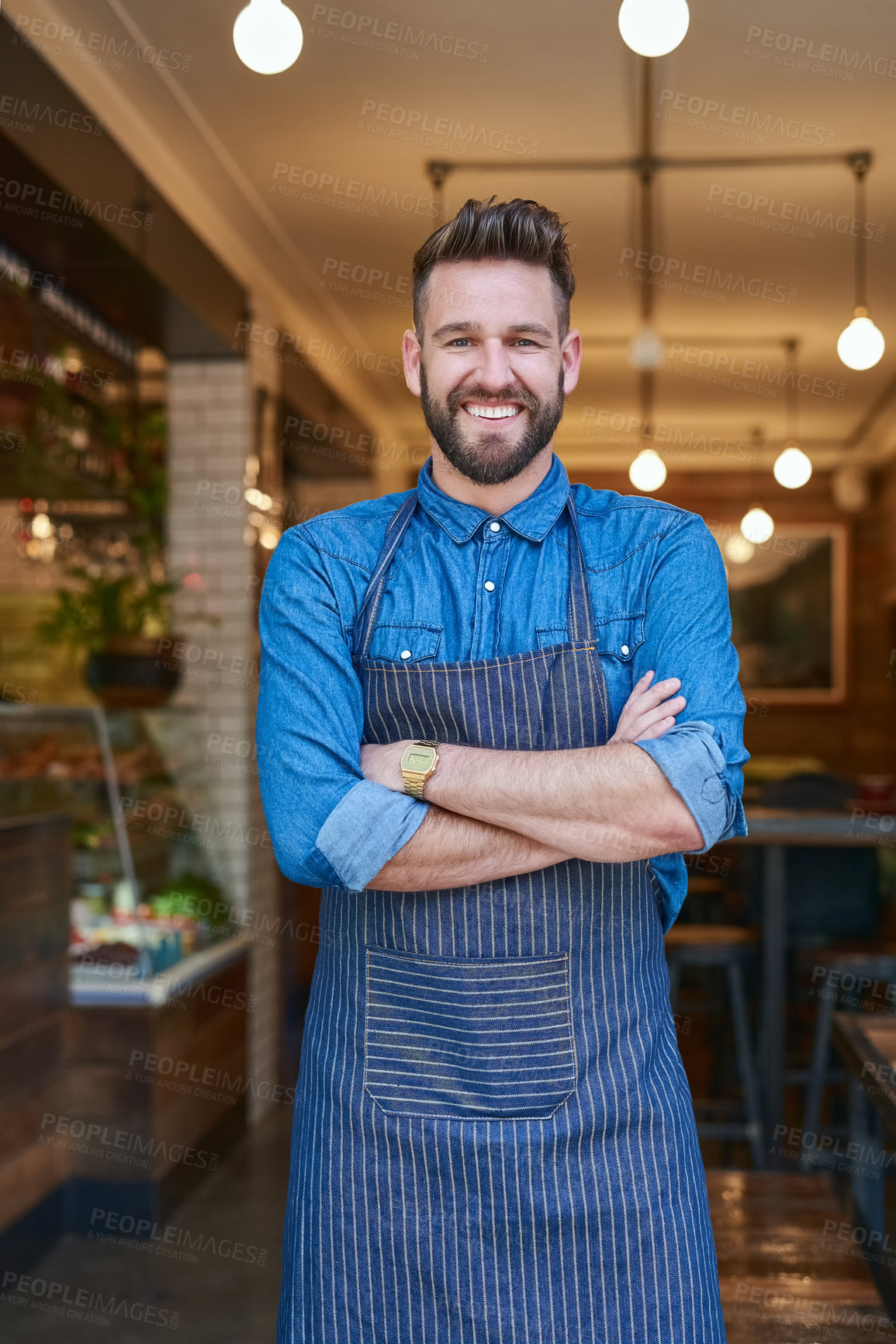 Buy stock photo Portrait, barista and happiness in cafe for startup company, restaurant and pride for work. Male person, small business owner and smile for nutrition, wellness and health in coffee shop in New York