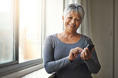 Buy stock photo Happy, phone and and portrait of senior woman texting, message or typing online internet, website or web search. Happiness, retirement and elderly person scroll on social media, app or smartphone ui