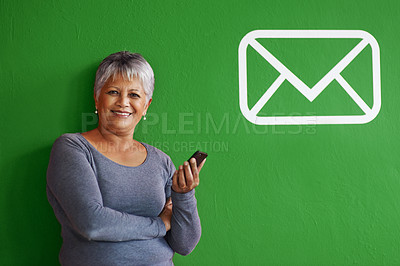 Buy stock photo Portrait, woman and mobile with message in mockup, notification and text on smartphone for networking. Elderly person, smile and happy with cellphone for communication, connectivity with technology