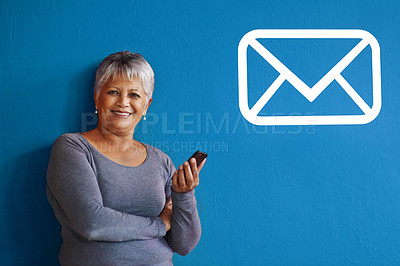 Buy stock photo Portrait, woman and mobile phone or message in mockup, notification and text on smartphone for networking. Elderly person, smile and happy with cellphone for communication, connectivity with tech