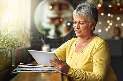 Buy stock photo Restaurant, tablet and senior woman typing, research or search internet, web or online website for cafe information. Customer experience, store feedback or elderly female client in retail coffee shop
