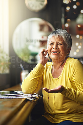 Buy stock photo Phone call, cafe and elderly happy woman talking on cellphone discussion, communication or restaurant  conversation. Communication, coffee shop customer and senior female client consulting in store
