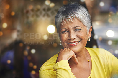 Buy stock photo Senior woman, smile and portrait at cafe for relax, confident and retired with bokeh with confidence. Pensioner or elderly person with happiness and in coffee shop for customer and break on mockup
