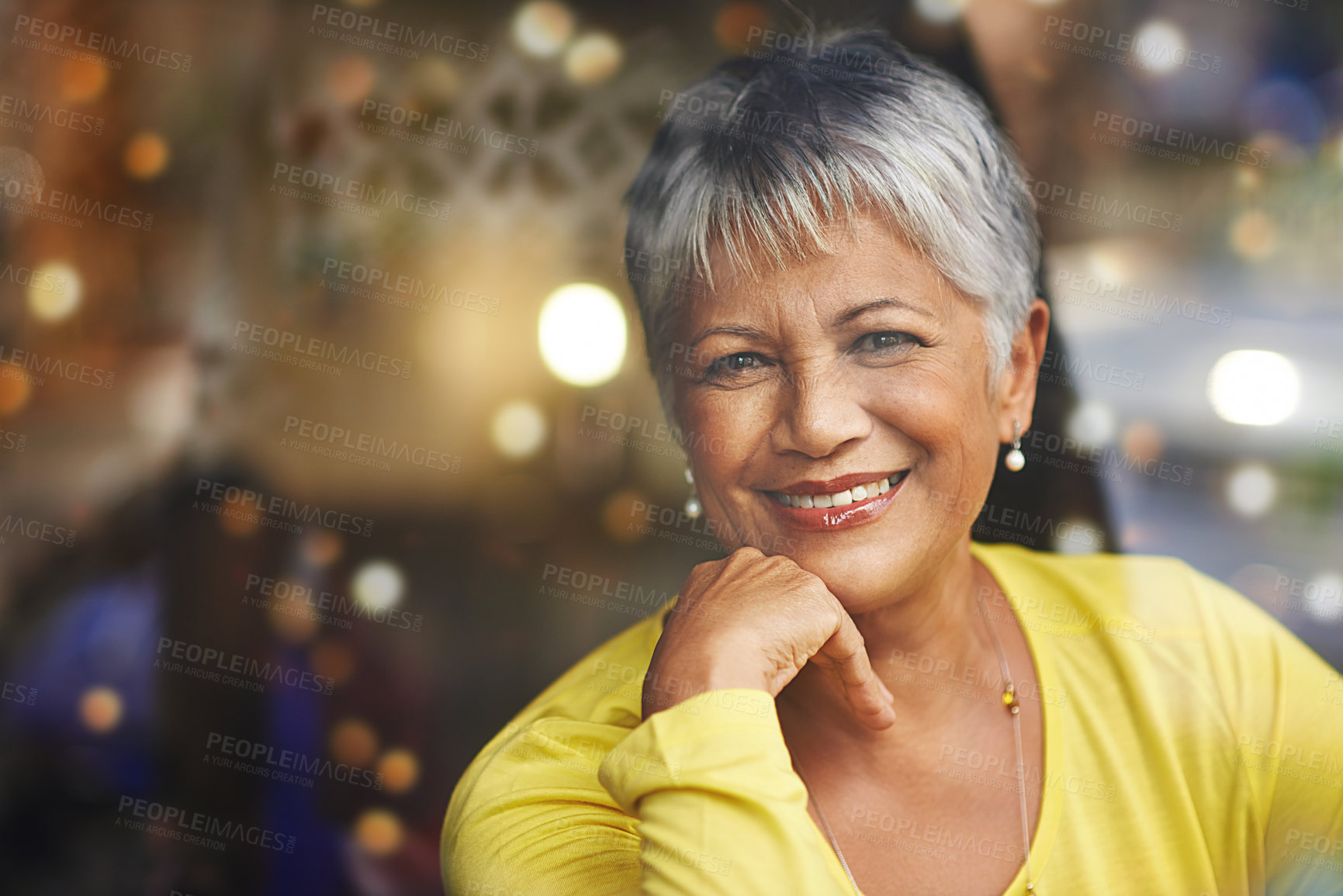 Buy stock photo Senior woman, smile and portrait at cafe for relax, confident and retired with bokeh with confidence. Pensioner or elderly person with happiness and in coffee shop for customer and break on mockup