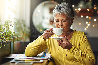 Buy stock photo Senior woman, tea and smile in cafe for relax, style and free time for fashion, retired and elderly in outdoor. African person and pensioner with cup for unwind, hairstyle and happy on mockup