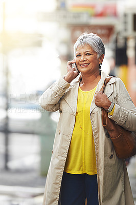 Buy stock photo Phone call conversation, walking and elderly woman talking on cellphone discussion, communication or chat. Sidewalk, urban city commute and senior female person consulting with mobile contact