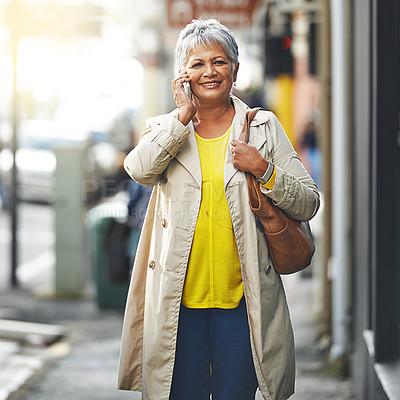 Buy stock photo Phone call, city and portrait of senior woman on cellphone discussion, communication or chat to smartphone user. Urban travel, connectivity and elderly person talking, walking commute or consulting