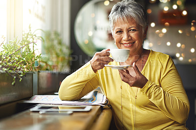 Buy stock photo Coffee shop, portrait and happy senior woman with morning tea, hot chocolate or cup of espresso, latte or warm drink. Happiness, relax and elderly person, female client or customer in restaurant cafe