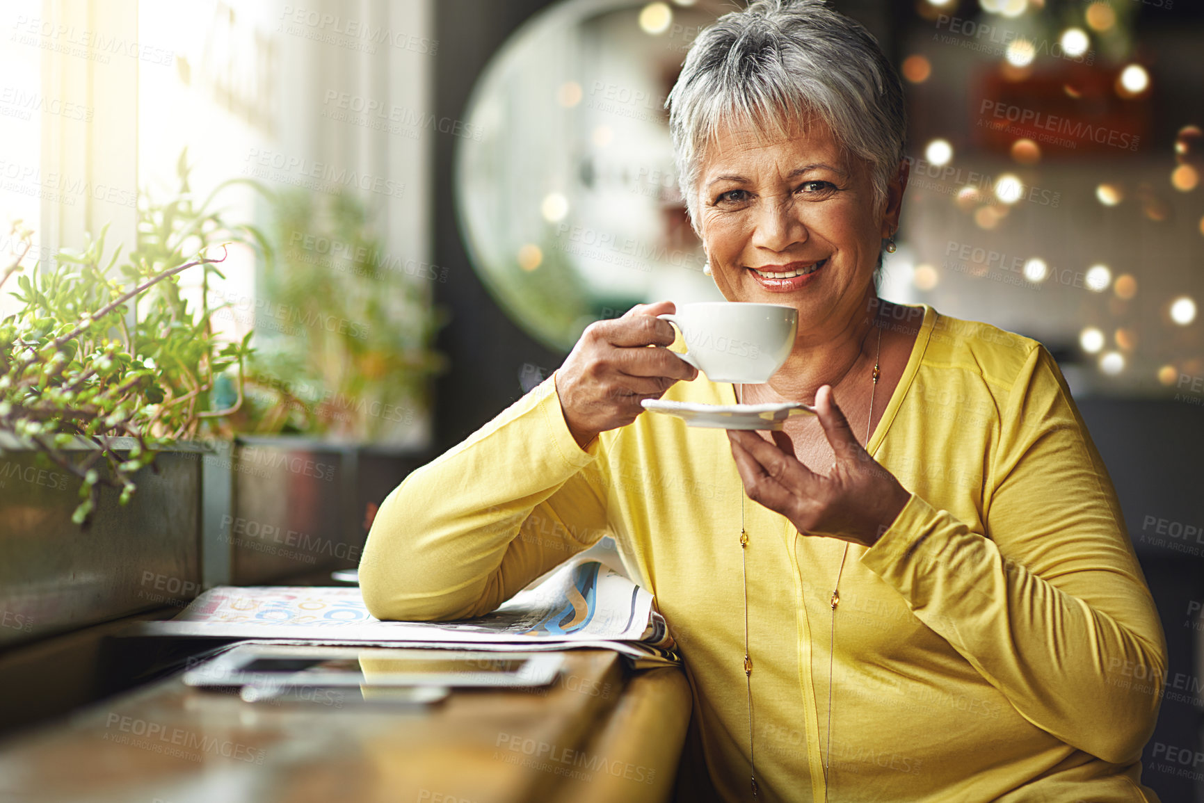 Buy stock photo Coffee shop, portrait and happy senior woman with morning tea, hot chocolate or cup of espresso, latte or warm drink. Happiness, relax and elderly person, female client or customer in restaurant cafe