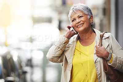 Buy stock photo Phone call, smile and elderly happy woman on urban commute, travel and talking to smartphone contact. City mock up, happiness and senior person consulting, speaking and walking on street sidewalk
