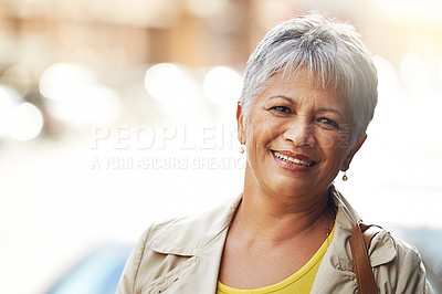 Buy stock photo Senior woman, smile and portrait in outdoor for style and relax for retired and elderly in urban or city. Pensioner or happy person in Amsterdam for fresh air, enjoy and unwind for peace on mockup  