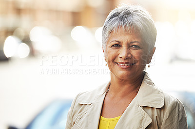 Buy stock photo Senior woman, smile and portrait in outdoor for fashion, style and relax for retired and elderly in urban. Happy person and pensioner for travel in city or street with bokeh on mockup in Amsterdam