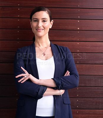 Buy stock photo Portrait, happy and businesswoman with arms crossed, smile and wooden background. Professional, entrepreneur and confident or leaning, corporate and mock up for female lawyer, formal and employee