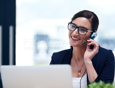 Buy stock photo Businesswoman, smile and headset at laptop for telemarketing sales, call centre or communication. Female person, contact us and help desk or technical support in office, customer service or advice