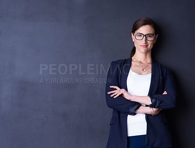 Buy stock photo Portrait, happy and businesswoman with arms crossed, wall and dark background. Professional, entrepreneur and confident or leaning, corporate and mock up for female lawyer, formal and employee
