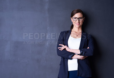 Buy stock photo Portrait, smile and businesswoman with arms crossed, wall and dark background. Professional, entrepreneur and confident or isolated, corporate and mockup for female lawyer, formal and employee