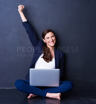 Buy stock photo Portrait, woman and laptop in celebration with fist for winning, success or promotion bonus. Happy, female person or employee with tech for achievement, prize or good news against dark background